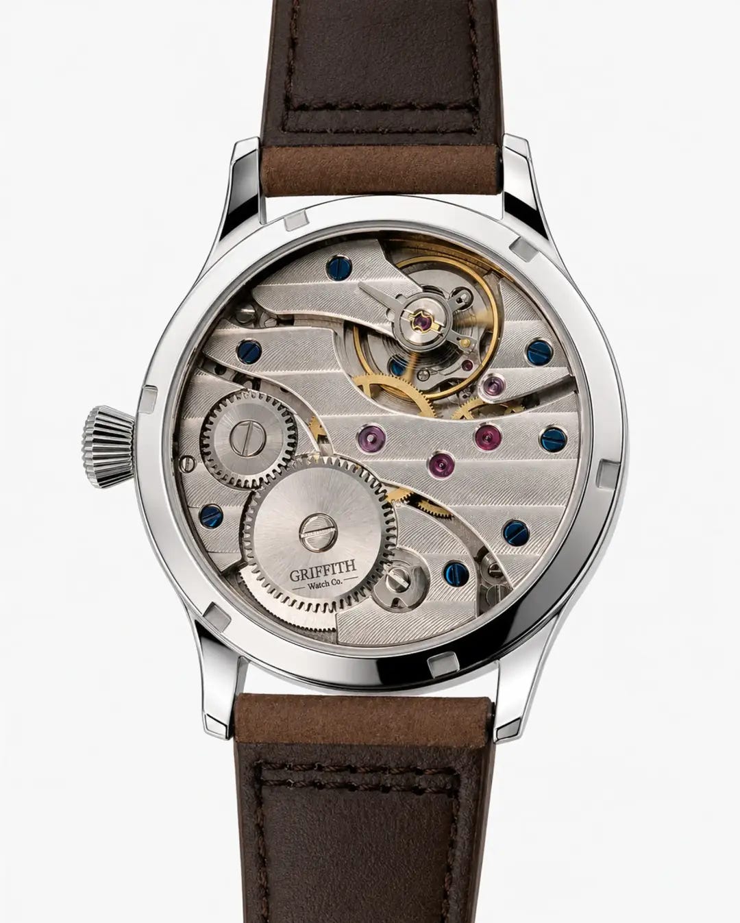 Close-up of a Griffith automatic watch movement
